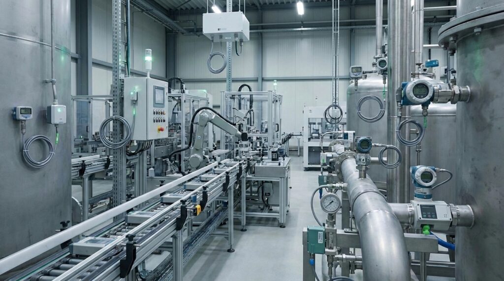 Ilustrasi penjelasan mengenai apa itu sensor industri yang terpasang pada mesin dan pipa di pabrik otomatis untuk memantau proses produksi