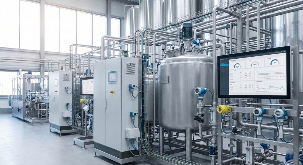 Ilustrasi cara memilih sensor industri yang terpasang di pabrik modern, terintegrasi dengan sistem kontrol untuk monitoring real-time dan pengukuran efisiensi produksi.