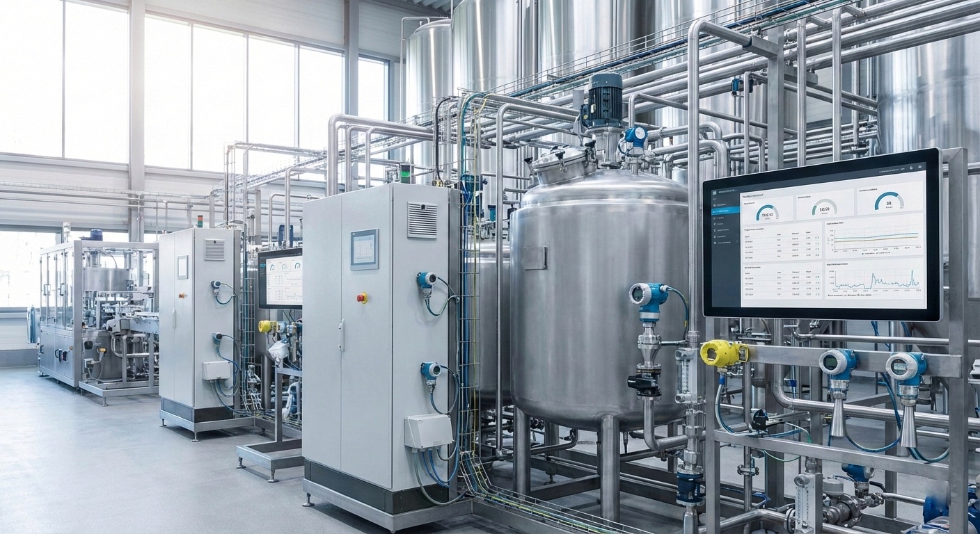 Ilustrasi cara memilih sensor industri yang terpasang di pabrik modern, terintegrasi dengan sistem kontrol untuk monitoring real-time dan pengukuran efisiensi produksi.