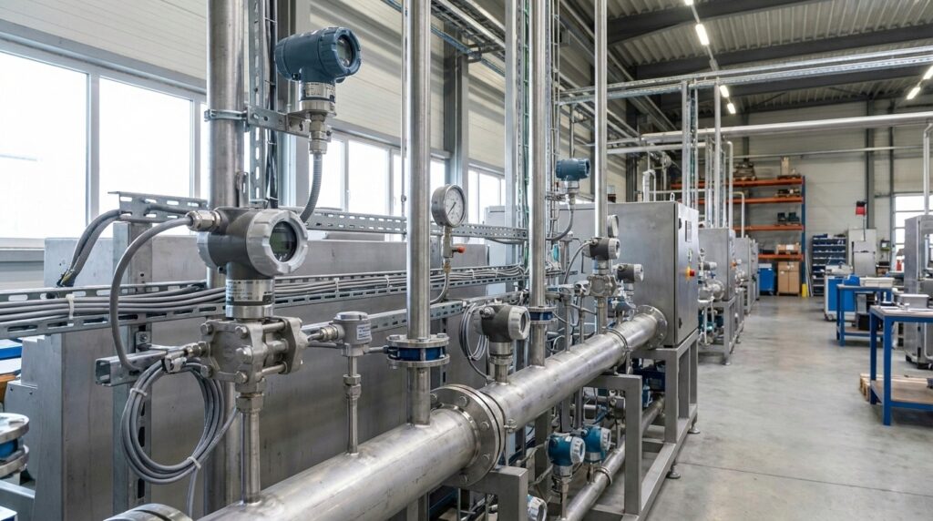 Sensor industri terpasang pada pipa proses di lingkungan pabrik oleh jasa sensor industri