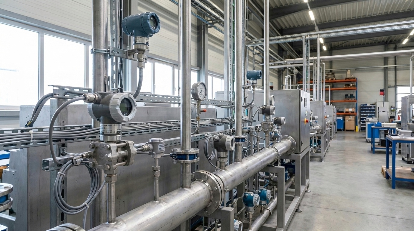 Sensor industri terpasang pada pipa proses di lingkungan pabrik oleh jasa sensor industri