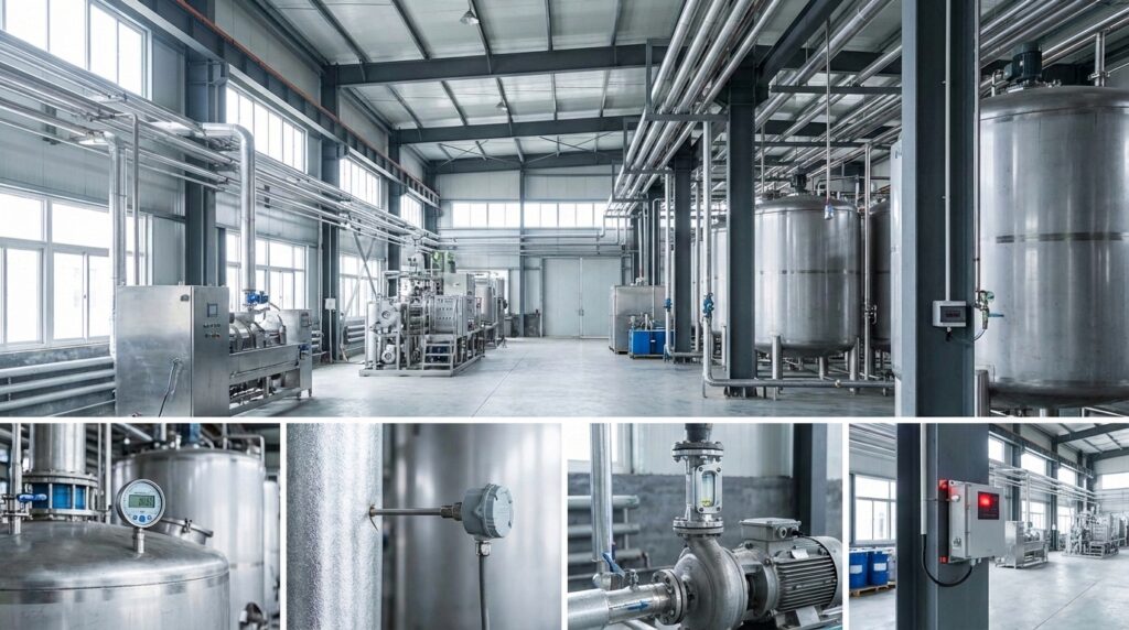 Foto realistis pabrik modern dengan beberapa jenis sensor industri dan fungsinya terpasang secara proporsional pada mesin, pipa, dan tangki, menunjukkan integrasi sensor dalam sistem kontrol produksi