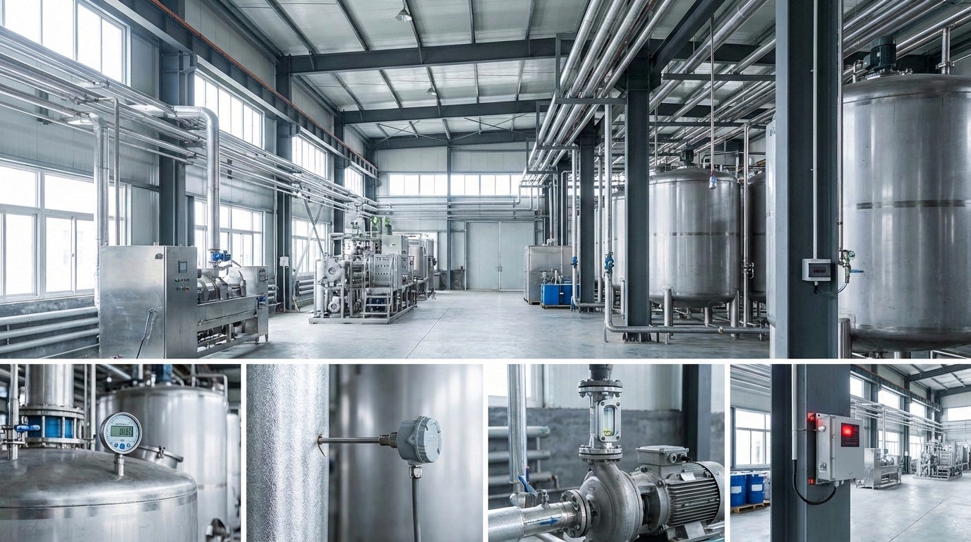 Foto realistis pabrik modern dengan beberapa jenis sensor industri dan fungsinya terpasang secara proporsional pada mesin, pipa, dan tangki, menunjukkan integrasi sensor dalam sistem kontrol produksi