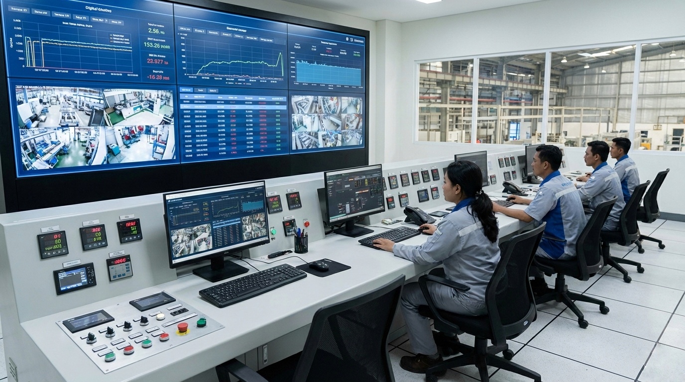 Sistem pengukuran industri di pabrik modern dengan sensor, alat ukur, dan kontrol proses terintegrasi.